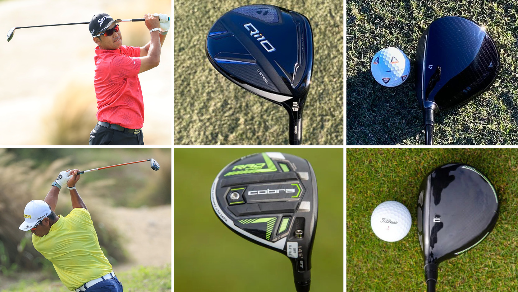 Hideki Matsuyama on the top of his backswing, with two fairway woods in boxes