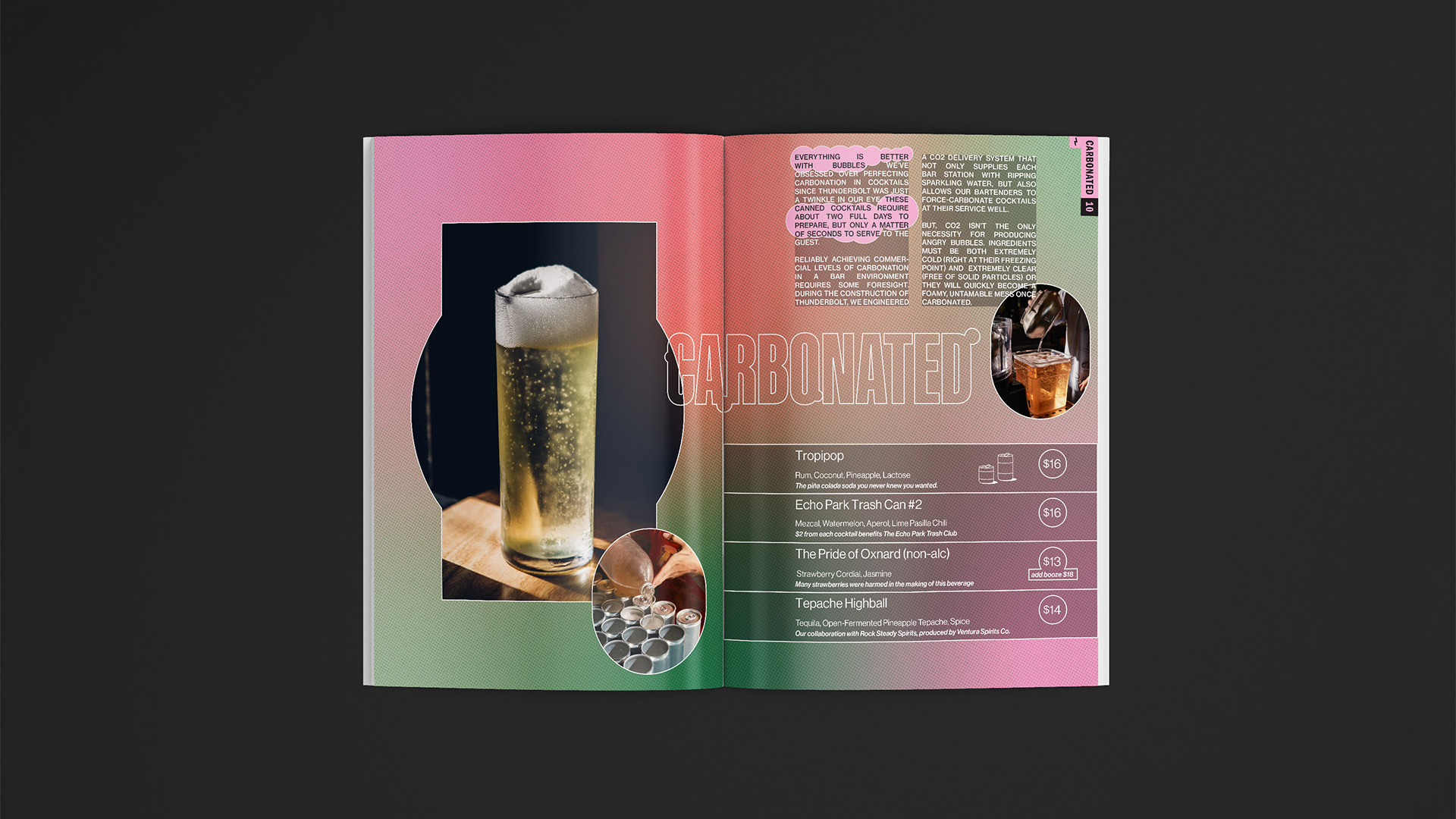 menu design of a gradient background with a drink on it and options by Wunder Werkz
