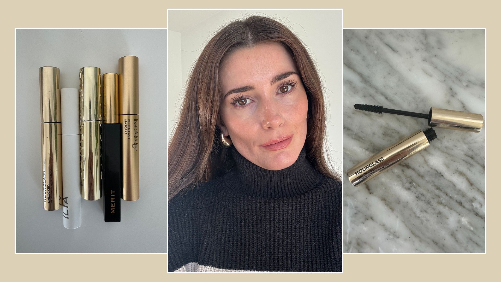 A collage of the best curling mascaras and a photo of beauty editor Eleanor Vousden