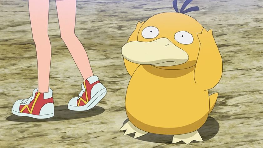 Psyduck looking stressed next to Misty