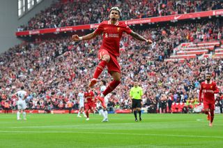 Luis Diaz celebrates scoring for Liverpool in the Premier League