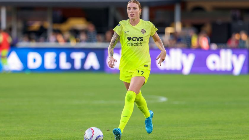 Midfielder Hal Hershfelt #17 of the Washington Spirit dribbles the ball during a game between Chicago Red Stars and Washington Spirit in October 2024