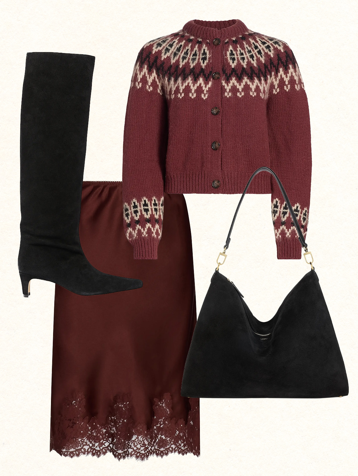 A sweater and skirt outfit collage