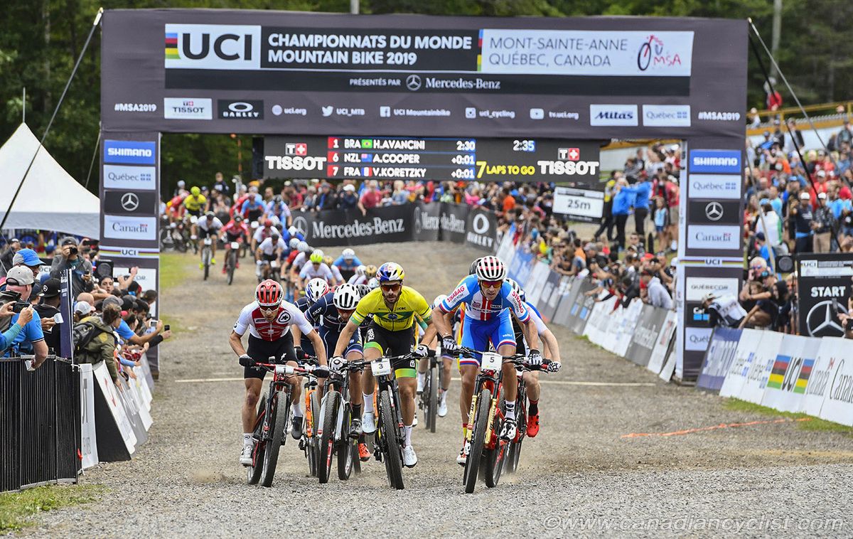 Nino Schurter (Switzerland), Henrique Avancini (Brazil) and Ondrej Cink (Czech Republic) at the front