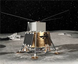 a roughly cube-shaped spacecraft wrapped in gold foil on the moon