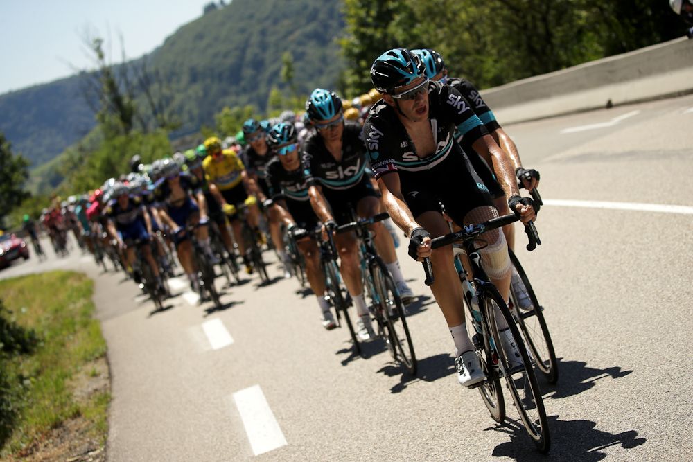 Team Sky assumes its usual place at the front of the Tour de France peloton.