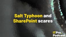 The text "Salt Typhoon and SharePoint scares" against an abstract background of a crystalline blue abstract image. The words "Salt Typhoon" and "SharePoint" are in yellow, the rest are in white. In the bottom-right corner, the ITPro podcast is shown.