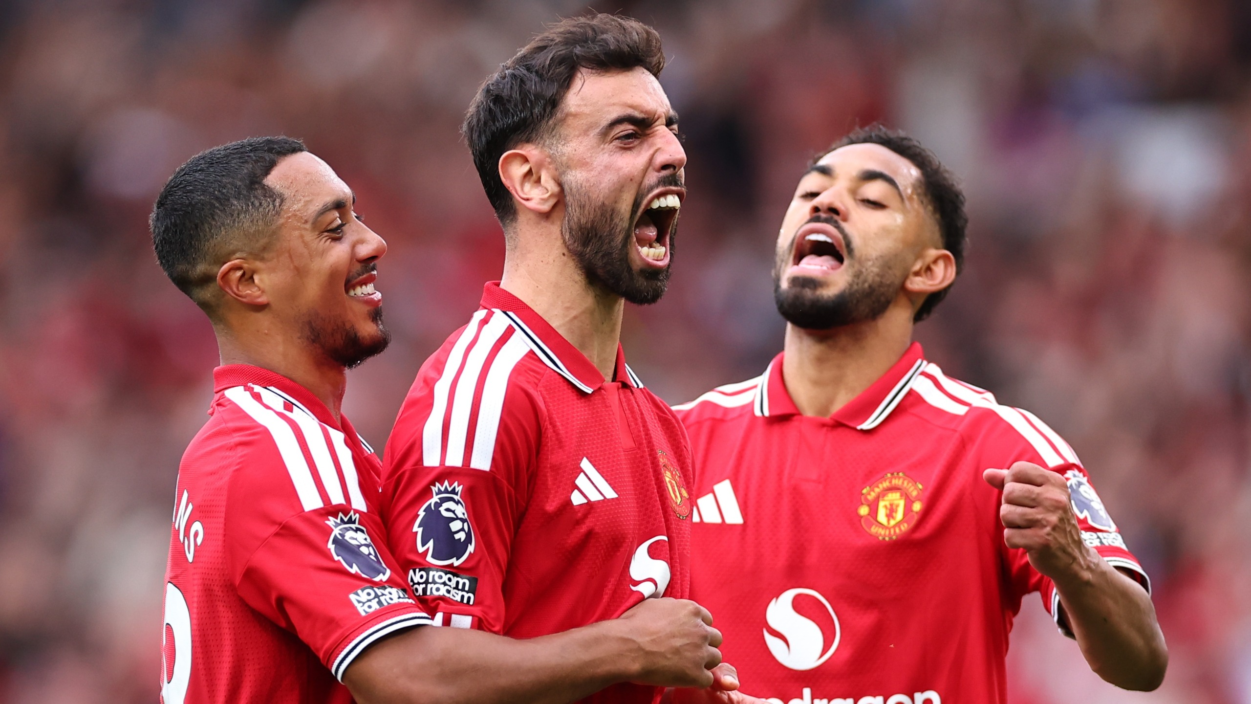 Bruno Fernandes of Manchester United celebrates after scoring a penalty to make it 3-1 in the Premier League match against Ipswich Town at Old Trafford on August 30, 2026 in Manchester, United Kingdom