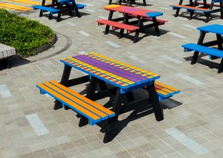 Colourful picnic benches by Yinka Ilori