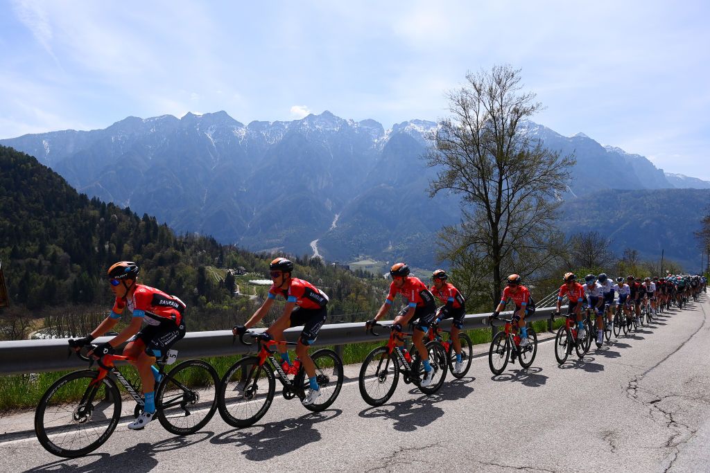SAN MARTINO DI CASTROZZA ITALY APRIL 18 LR Hermann Pernsteiner of Austria Pello Bilbao Lpez De Armentia of Spain and Team Bahrain Victorious lead the peloton during the 45th Tour of the Alps 2022 Stage 1 a 1609km stage from Cles to PrimieroS Martino di Castrozza 708m TouroftheAlps on April 18 2022 in San Martino di Castrozza Italy Photo by Tim de WaeleGetty Images