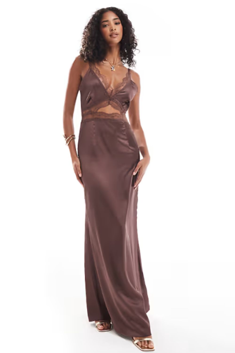 Never Fully Dressed lace cut-out slip maxi dress in chocolate