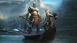 Kratos and Atreus in God of War standing on a boat