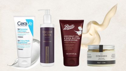 A collage featuring four of the best foot creams from brands including CeraVe, Margaret Dabbs, Boots and Cowshed, in this guide/ on a cream background with two stock images of foot lotion swatches.
