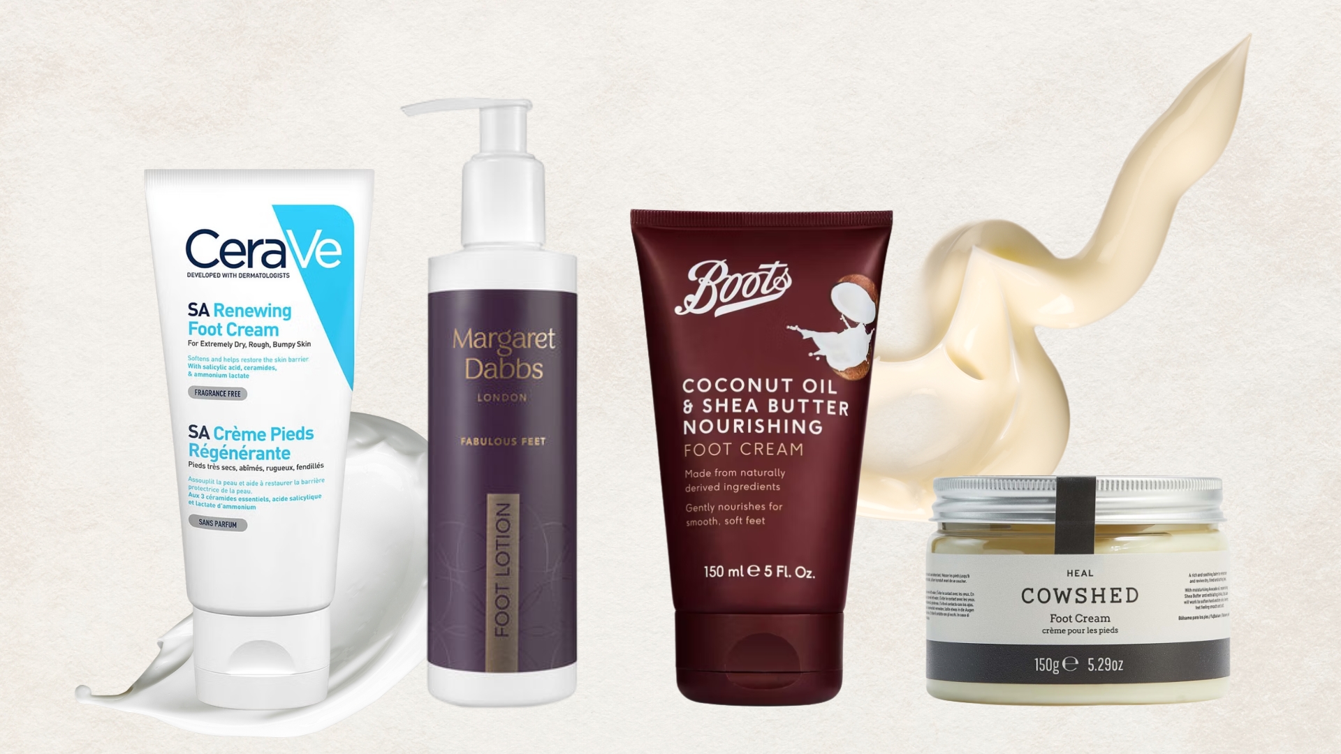 A collage featuring four of the best foot creams from brands including CeraVe, Margaret Dabbs, Boots and Cowshed, in this guide/ on a cream background with two stock images of foot lotion swatches.