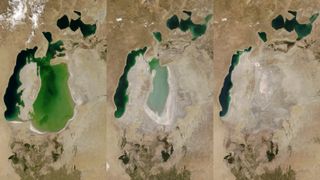 Satellite images of the Aral Sea in 2000, 2007 and 2014.