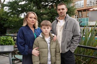 Arlo (centre) with his mum Marie and brother Abe in Hollyoaks.