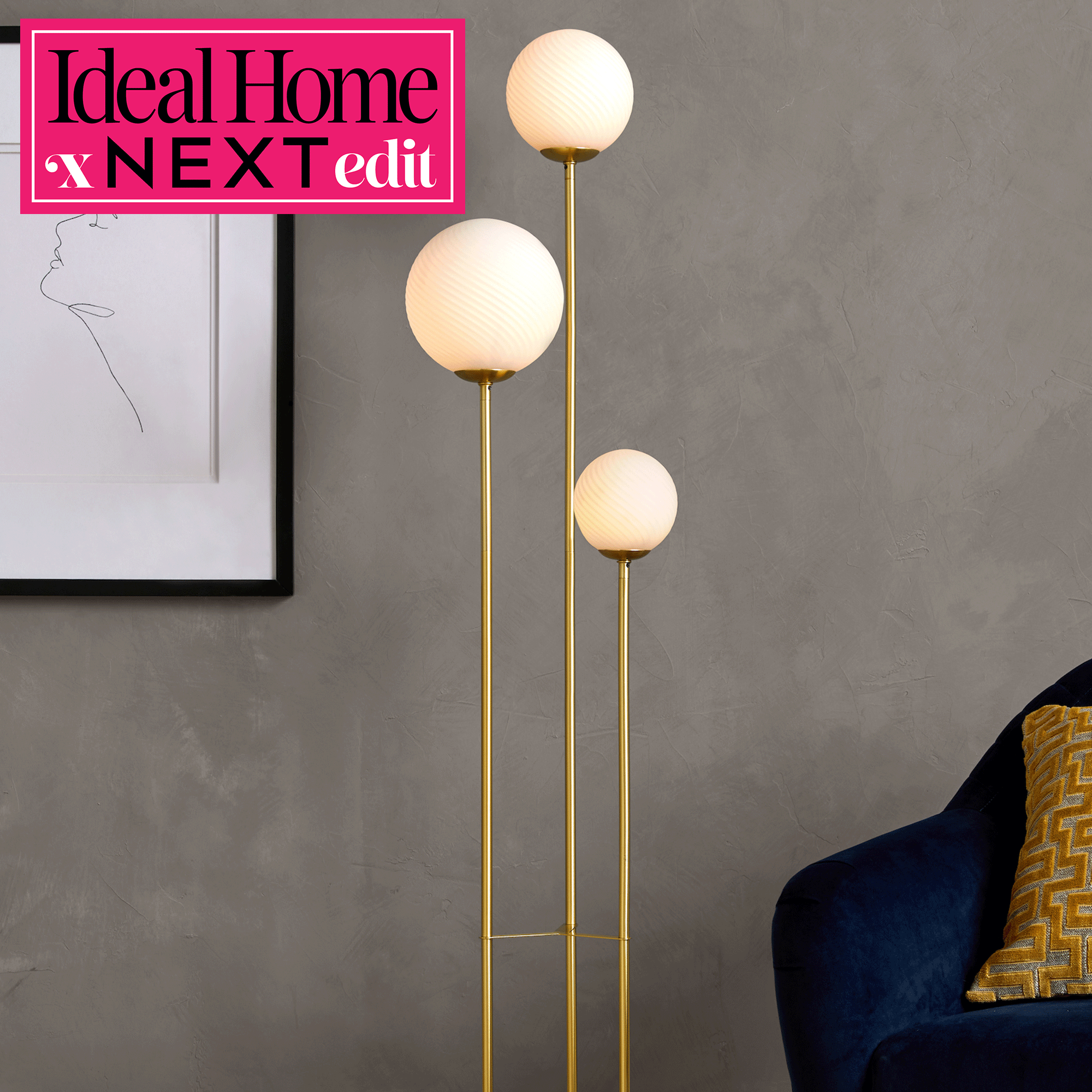 Gold floor lamp with white bulbs