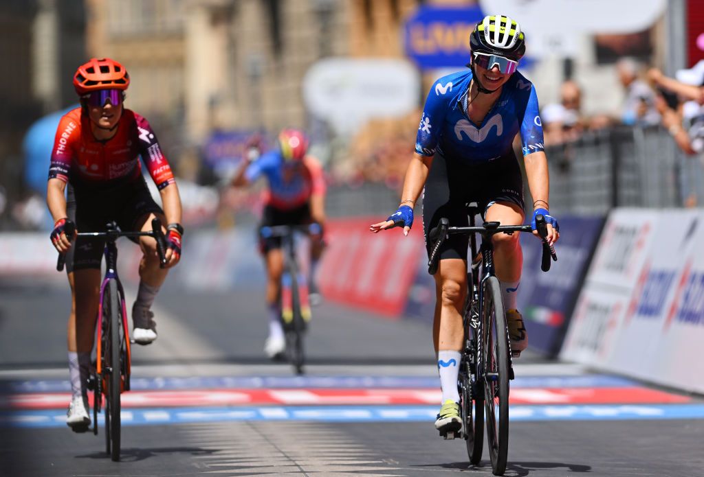 CHIETI ITALY JULY 12 Liane Lippert of Germany and Movistar Team celebrates at finish line as stage winner ahead of Ruth Edwards of The United States and Team Human Powered Health L during the 35th Giro dItalia Women 2024 Stage 6 a 159km stage from San Benedetto del Tronto to Chieti 330m UCIWWT on July 12 2024 in San Benedetto del Chieti Italy Photo by Luc ClaessenGetty Images