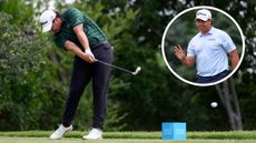 Aldrich Potgieter hits a tee shot with an iron