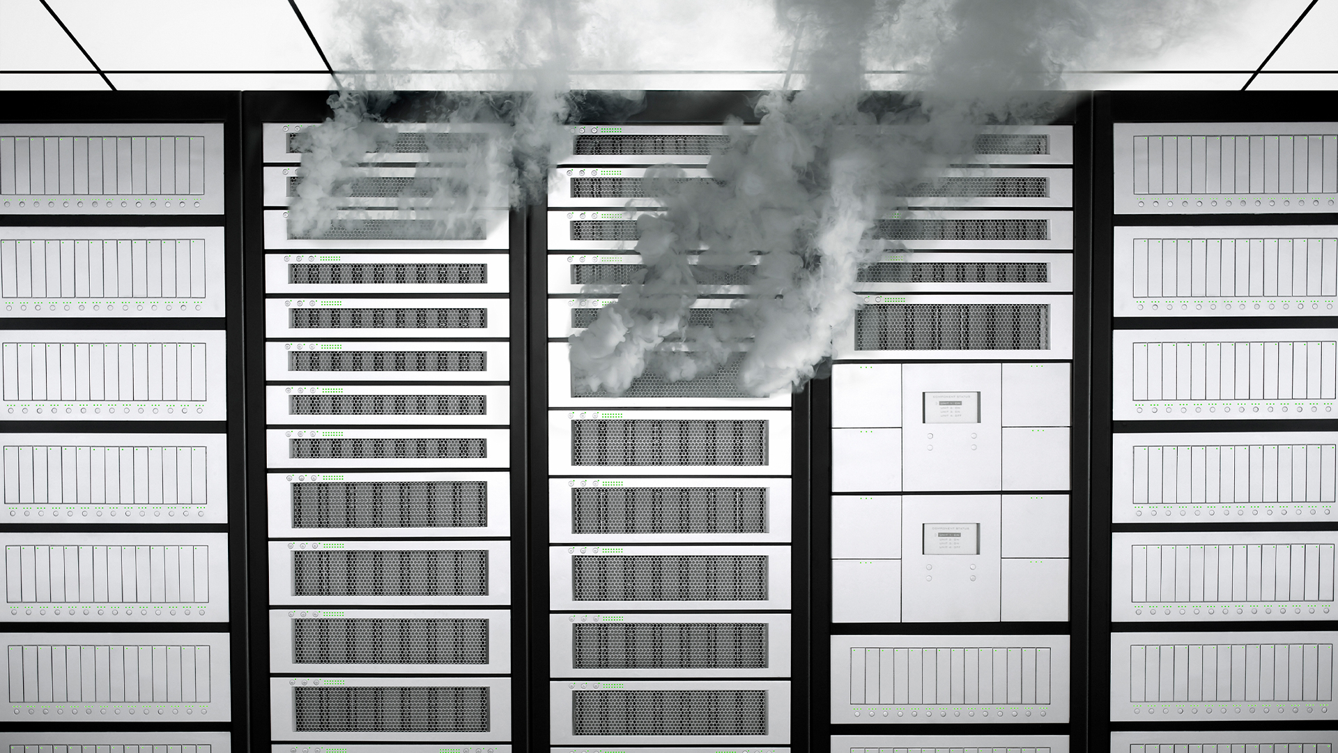 Data center server racks with smoke billowing from damaged servers.