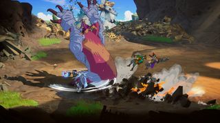 Promotional screenshot of players being thrown about by a giant monster in Towerborne.