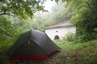 Image shows the MSR Hubba Hubba tent on a misty morning.