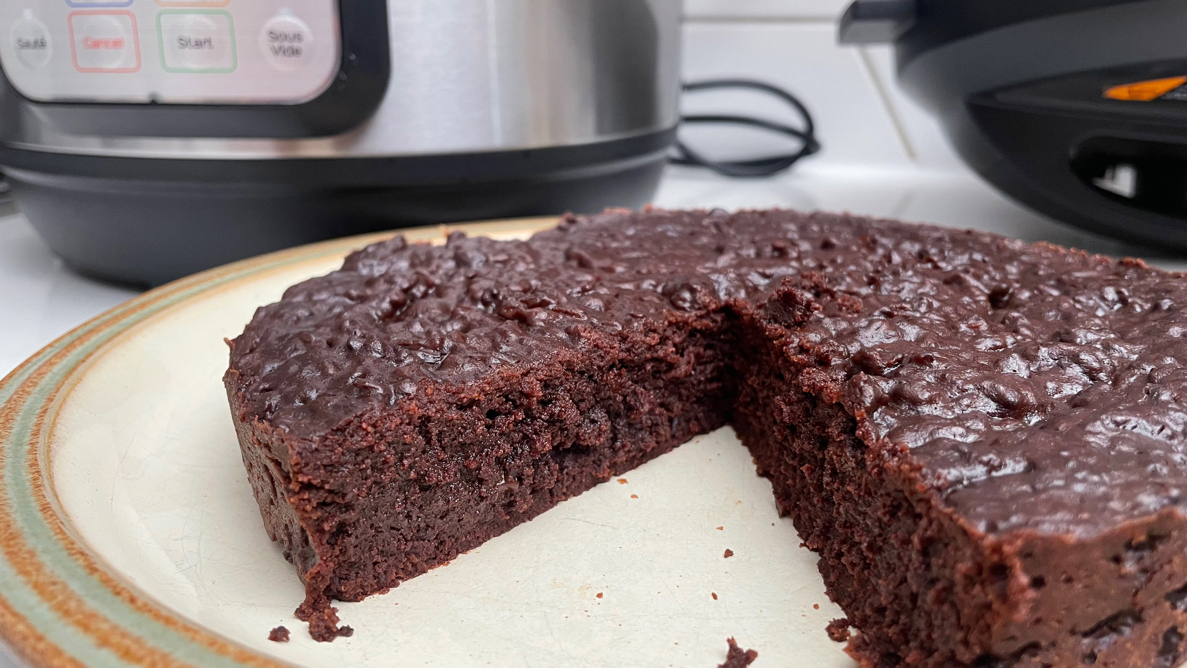 A fudgy chocolate cake baked in an Instant Pot