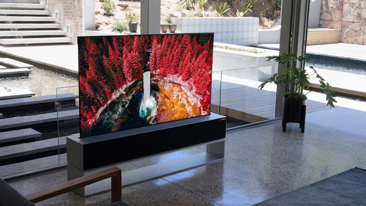 LG rollable OLED R on stand in living room