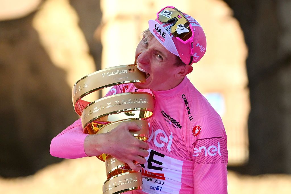 Tadej Pogačar celebrates winning the 2024 Giro d&#039;Italia