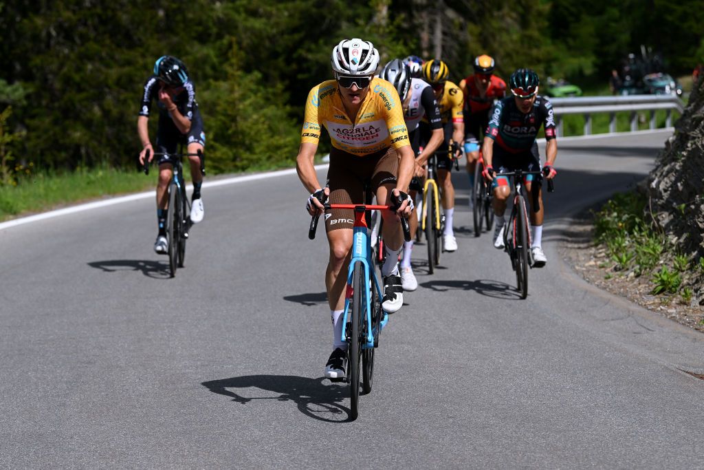LA PUNT SWITZERLAND JUNE 15 Felix Gall of Austria and Ag2R Citron Team Yellow Leader Jersey competes during the 86th Tour de Suisse 2023 Stage 5 a 211km stage from Fiesch to La Punt 1696m UCIWT on June 15 2023 in La Punt Switzerland Photo by Dario BelingheriGetty Images