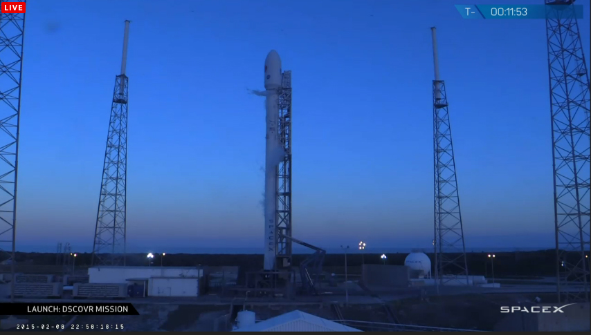 A SpaceX Falcon 9 rocket stands atop the launch pad ready to launch the DSCOVR space weather satellite from Cape Canaveral Air Force Station on Feb. 8, 2015. The launch was delayed to a ground radar malfunction.