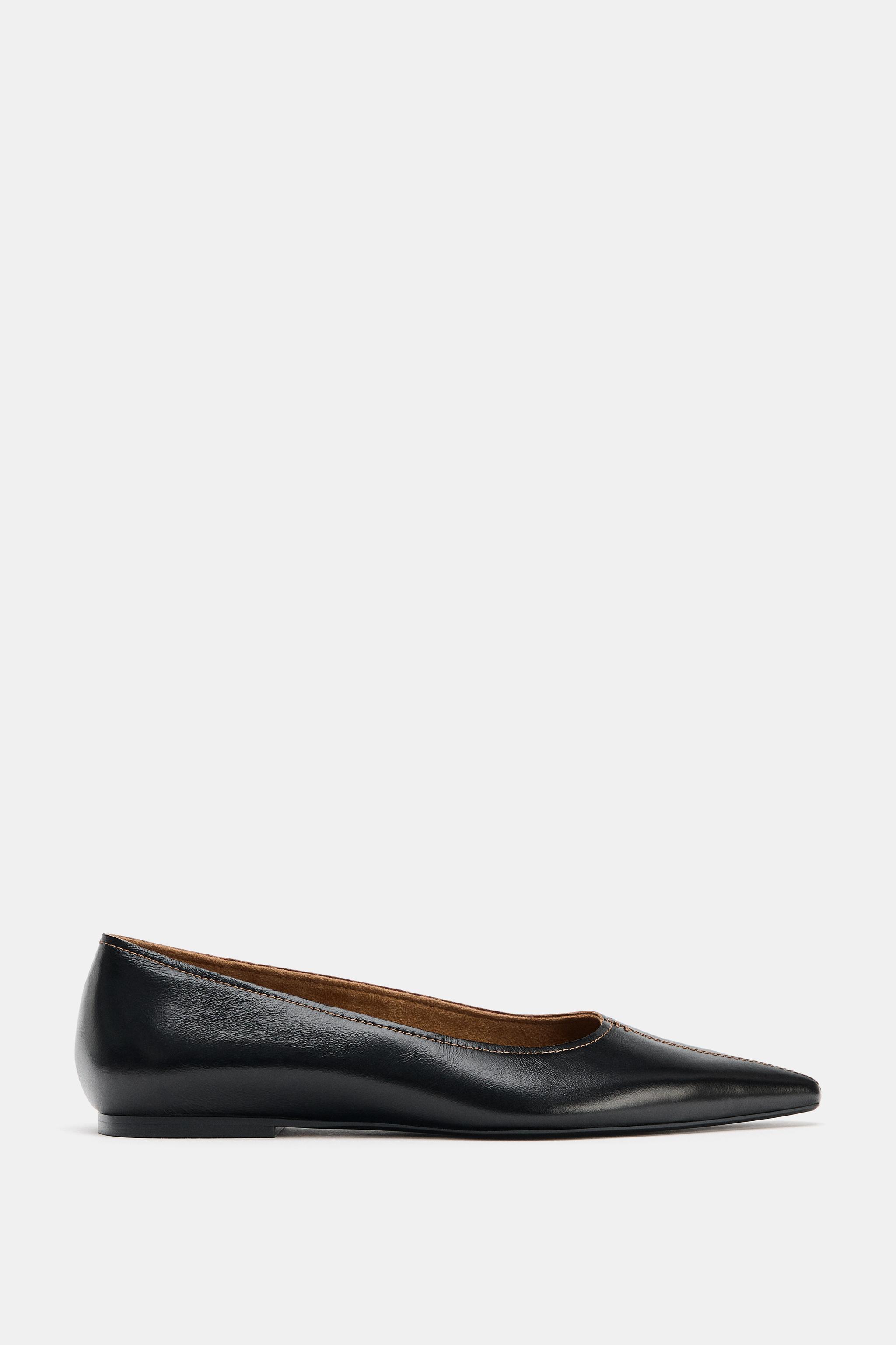 ZARA Leather Ballet Flats With Topstitching