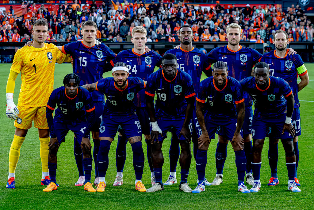 Netherlands Euro 2024 squad goalkeeper Bart Verbruggen, Netherlands player Jeremy Frimpong, Netherlands player Memphis Depay, Netherlands player Brian Brobbey, Netherlands player Georginio Wijnaldum, Netherlands player Lutsharel Geertruida, Netherlands player Micky van der Ven, Netherlands player Jerdy Schouten, Netherlands player Ryan Gravenberch, Netherlands player Matthijs de Ligt, and Netherlands player Daley Blind are playing during the match Netherlands vs. Canada at the stadium De Kuip for the Friendly matches before the European Championship 2024 Germany season 2023-2024 in Rotterdam, Netherlands, on June 6, 2024 (Photo by Marcel van Dorst/NurPhoto via Getty Images).
