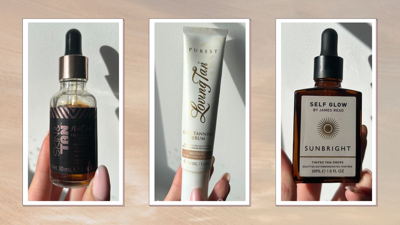 Collage of our Digital Beauty Writer&#039;s favourite face self-tan drops (L-R) Skin&amp;Tan Notox Face Tan Drops, Loving Tan Purest Face Tan Serum and Self Glow by James Read SunBright Face Tan Drops, on a neutral background