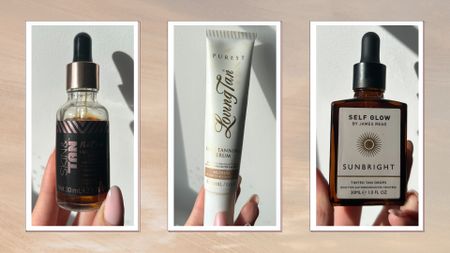 Collage of our Digital Beauty Writer's favourite face self-tan drops (L-R) Skin&Tan Notox Face Tan Drops, Loving Tan Purest Face Tan Serum and Self Glow by James Read SunBright Face Tan Drops, on a neutral background