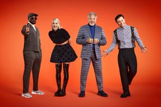 The Voice judges all in a row against an orange background.