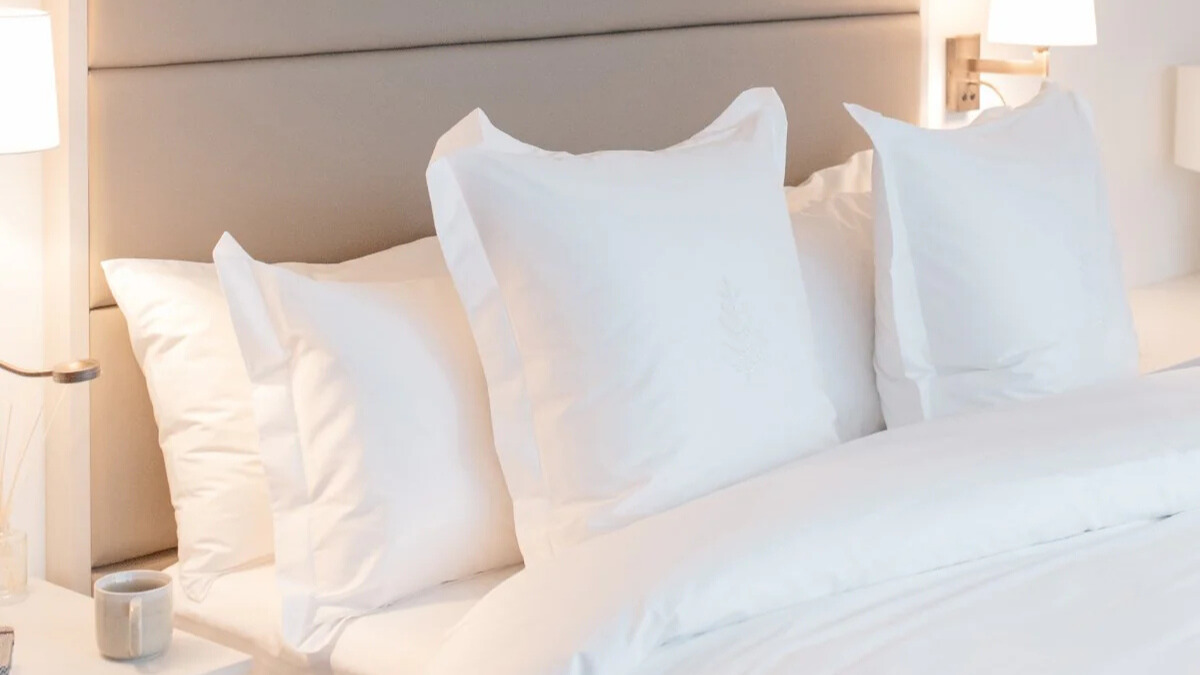 Four Seasons Down and Feather pillows propped up on the bed