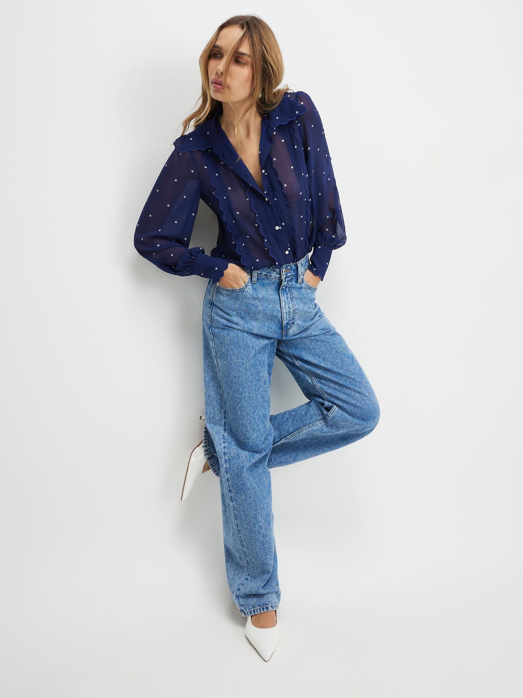 River Island Blue Long Sleeve Polka Dot Scallop Hem Chiffon Shirt - Size Us 2