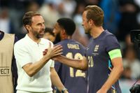 England Manager Gareth Southgate with Harry Kane after the international friendly match between England and Bosnia & Herzegovina at St James' Park on June 3, 2024 in Newcastle upon Tyne, England.