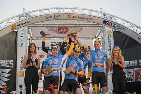 The Halfords-Bikehut team on the podium as Tour Series champion
