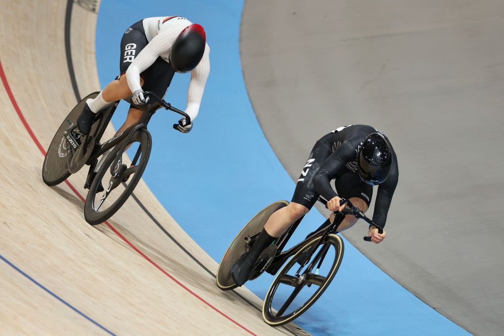 Germany's Lea Sophie Friedrich and New Zealand's Ellesse Andrews compete in the women's track cycling sprint final race 1 for gold of the Paris 2024 Olympic Games at the Saint-Quentin-en-Yvelines National Velodrome in Montigny-le-Bretonneux, south-west of Paris, on August 11, 2024. (Photo by Thomas SAMSON / AFP)