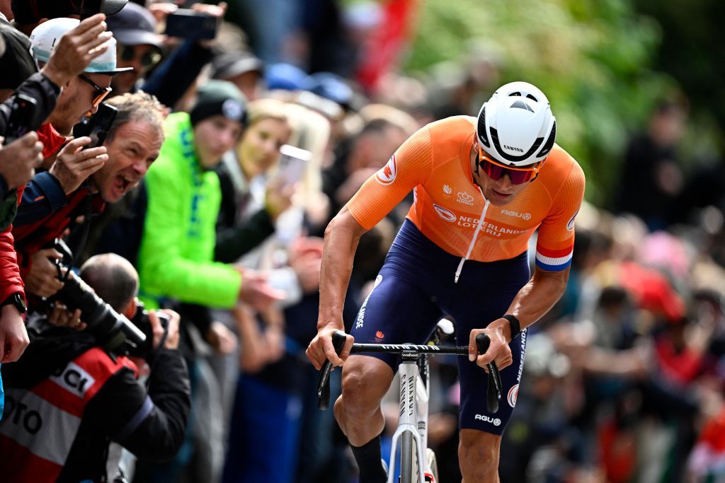 Dutch Mathieu van der Poel pictured in action during the elite men road race at the 2024 UCI Road and Para-Cycling Road World Championships, Sunday 29 September 2024, in Zurich, Switzerland. The Worlds are taking place from 21 to 29 September. BELGA PHOTO JASPER JACOBS (Photo by JASPER JACOBS / BELGA MAG / Belga via AFP)