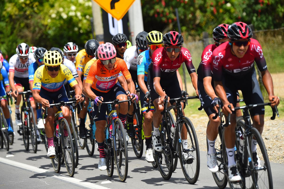 Sergio Higuita (EF Pro Cycling) and Egan Bernal (Team Ineos) at the bottom of the stage 6 final climb at Tour Colombia 2.1