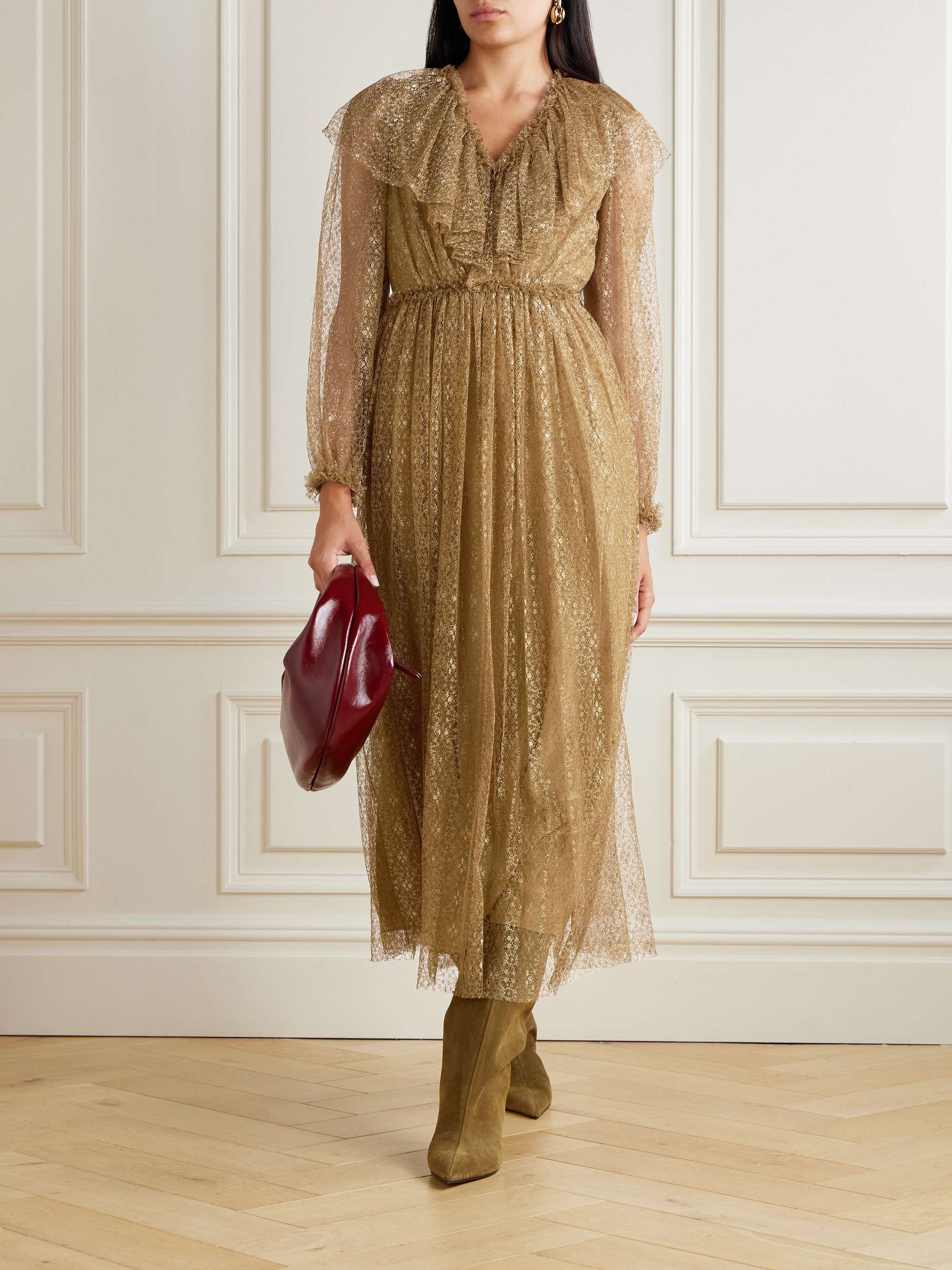 Helena Ruffled Metallic Lace Midi Dress