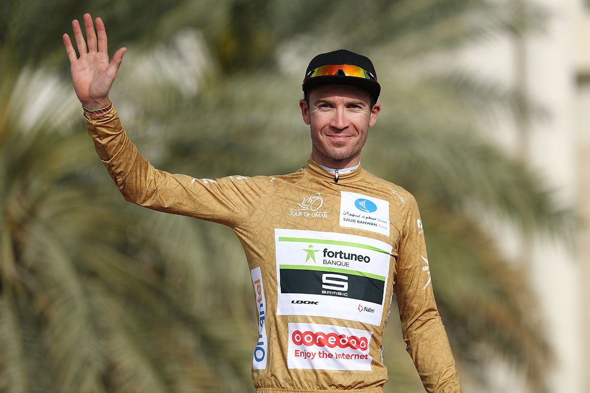 Pierre Luc Perichon (Fortuneo-Samsic) on the podium after stage 1 of the Tour of Oman.