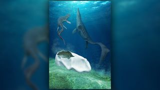 A mosasaur mother laying an egg, next to another baby that just hatched out of its egg.