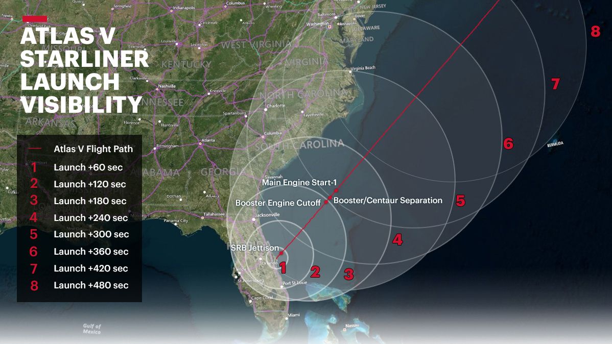 Graphic showing the visibility map for the launch of Boeing's Starliner capsule atop a United Launch Alliance Atlas V rocket on Dec. 20, 2019.