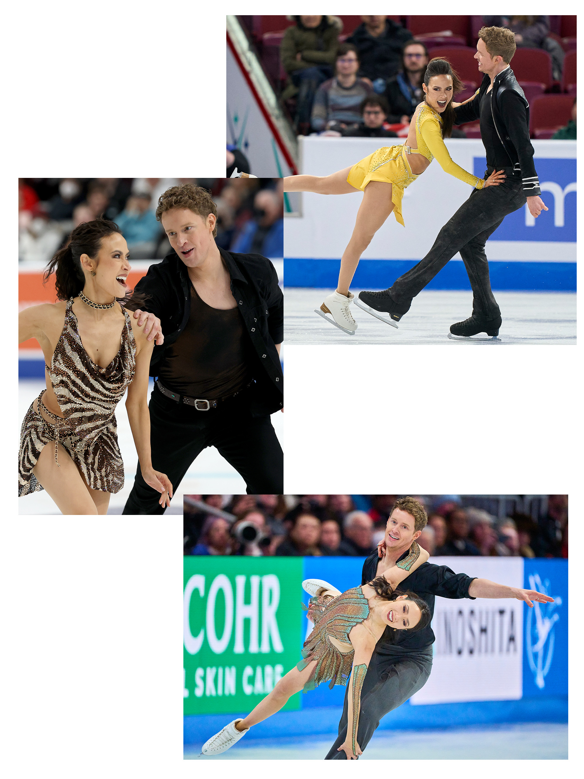 A collage of photos of Evan Bates and Madison Chock's ice dance costumes in the 2024 and 2025 seasons.