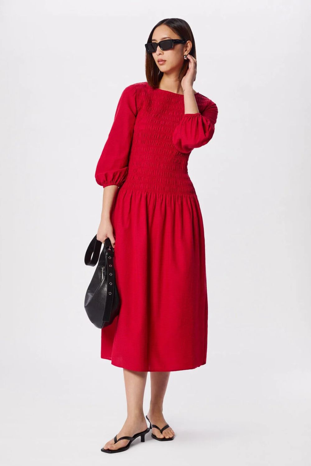 Whistles, Red Smocked Bodice Midi Dress