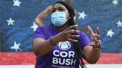 Missouri Democratic congressional candidate Cori Bush speaks to supporters during a canvassing event on August 3, 2020